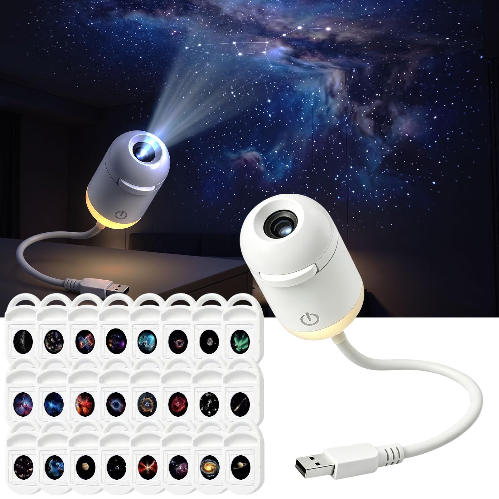 24 in-1 Galaxy Projector, USB Galaxy Dream Projector, 360° Rotating Star Night Light for Bedroom Ceiling Wall Room Decor, White
