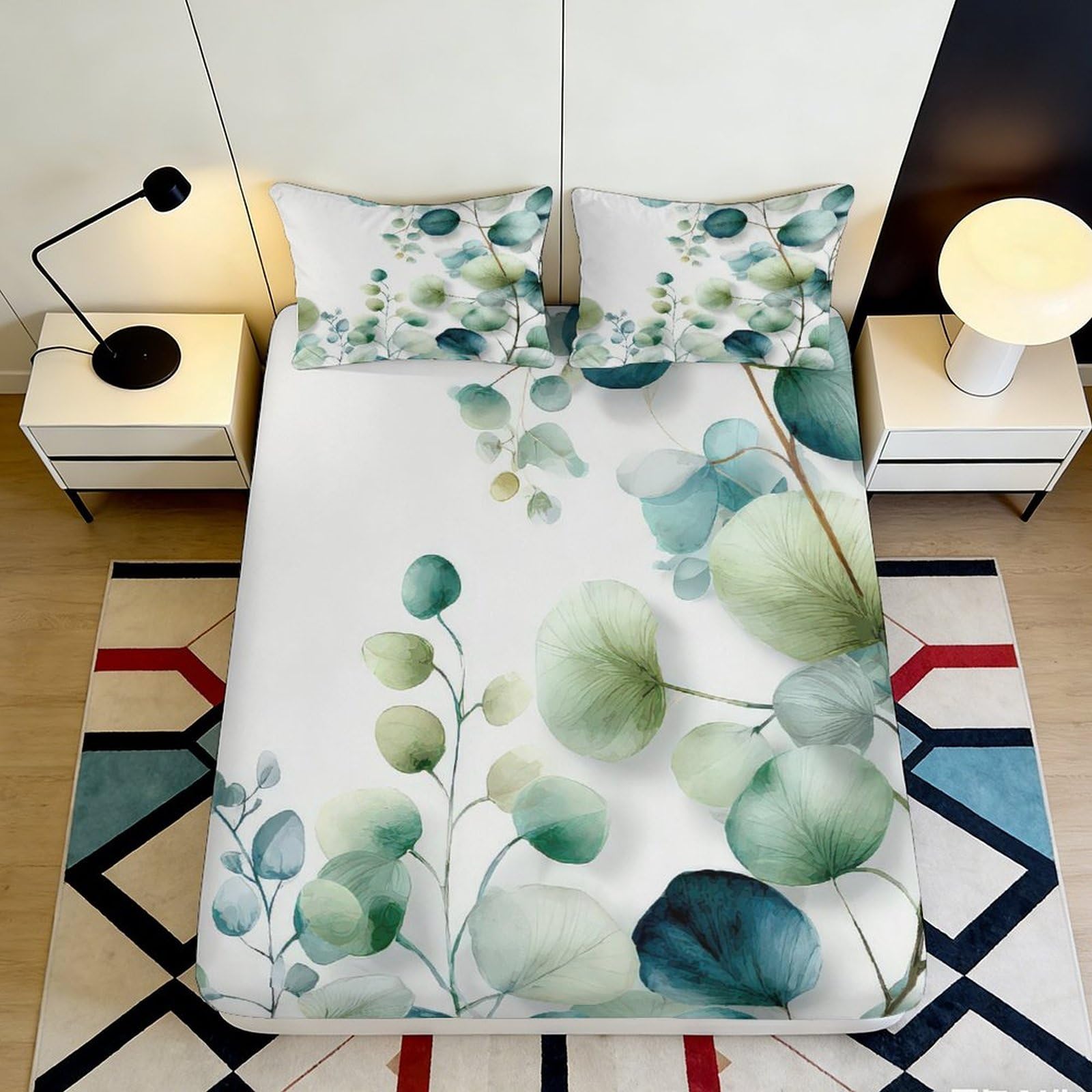3D Printed Watercolor Leaf Fitted Sheet Microfiber Soft Breathable Botanical Plant Mattress Cover for Bedroom Dorm Decor 90x200x25cm