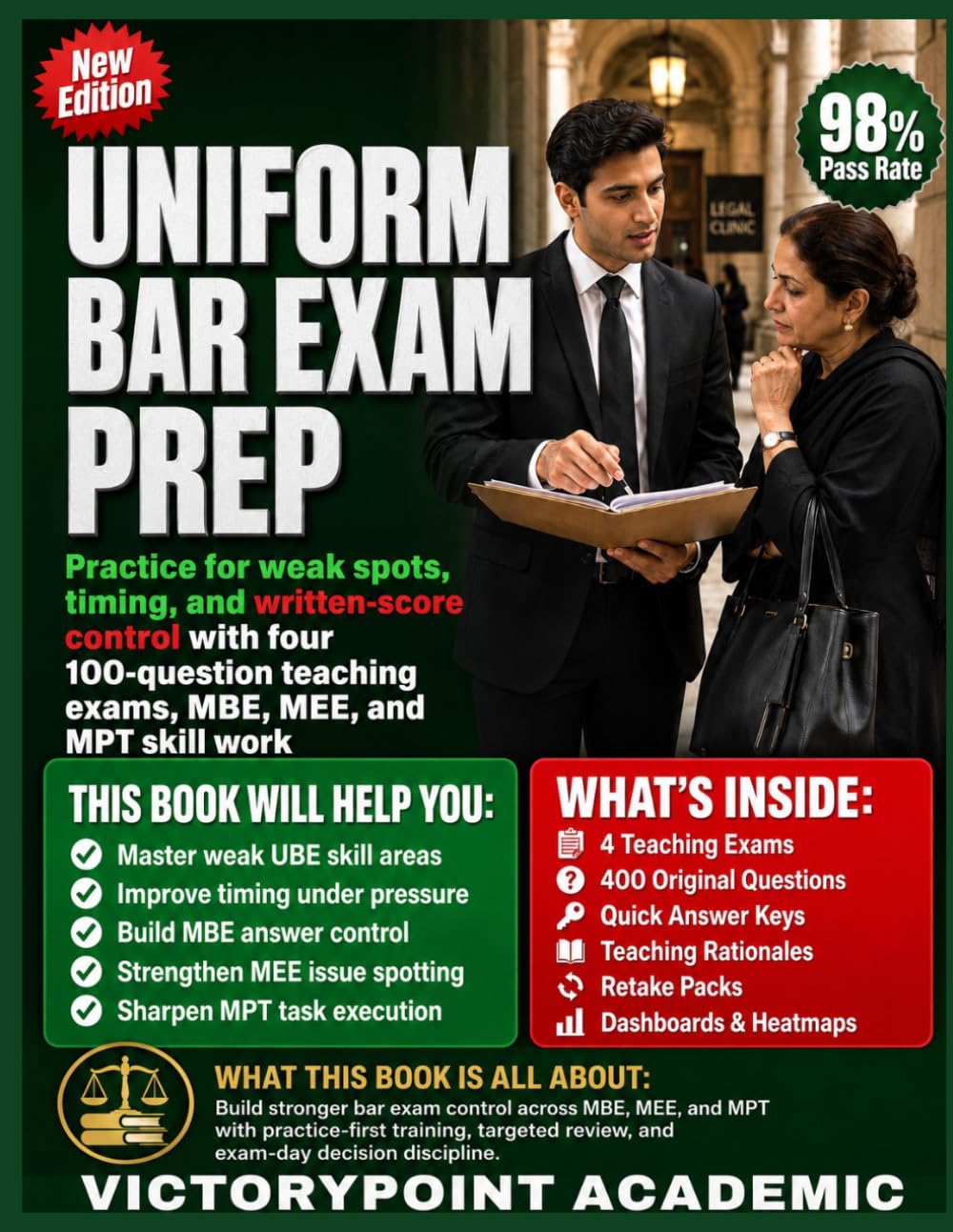 UNIFORM BAR EXAM PREP: Practice for weak spots, timing, and written-score control four 100-question teaching exams with MBE, MEE, and MPT skill work