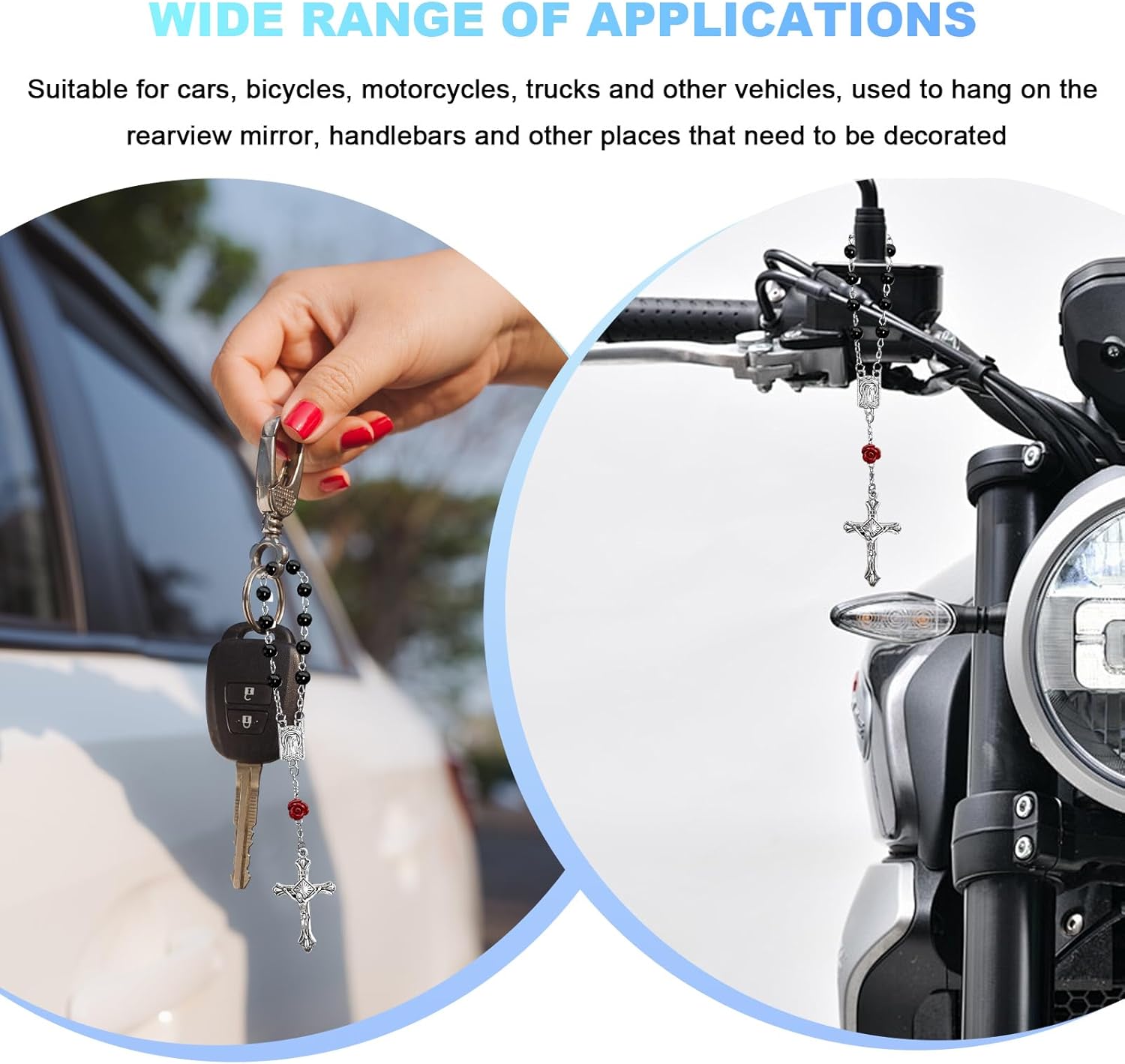 2PCS Car Rosary for Rearview Mirror, Rear View Mirror Charm Blessing Beads Pendant Interior Decor, Personalized Medal and Cross Car Hanging Accessories for Women Men (Black) - Image 6