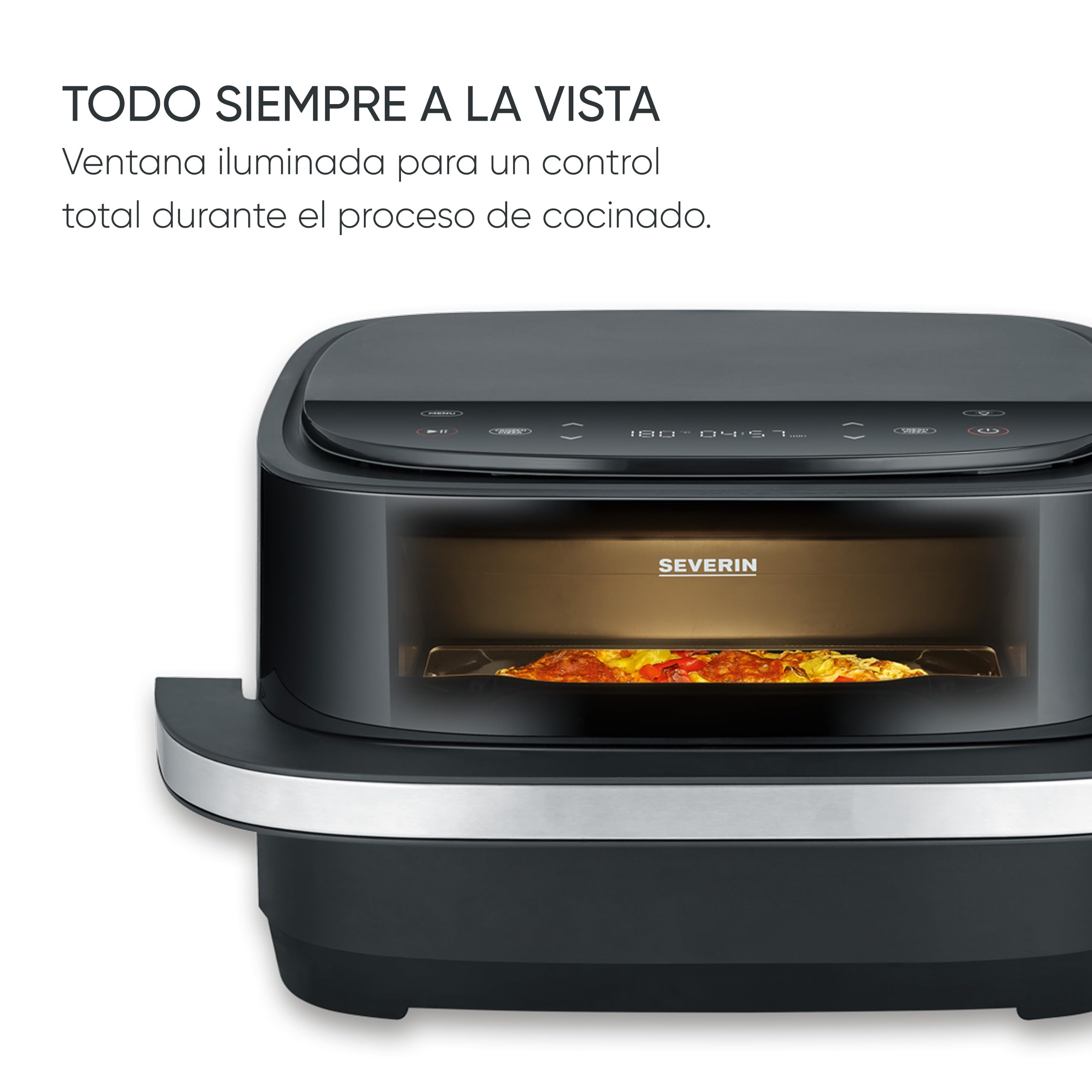 SEVERIN Freidora de aire S-Fry Pizza & More, 10 programas automáticos para pizza y más, distribución óptima del calor, forma extraancha, ventana de visualización, 4 l, 2100 W, negro, plateado, FR 2464