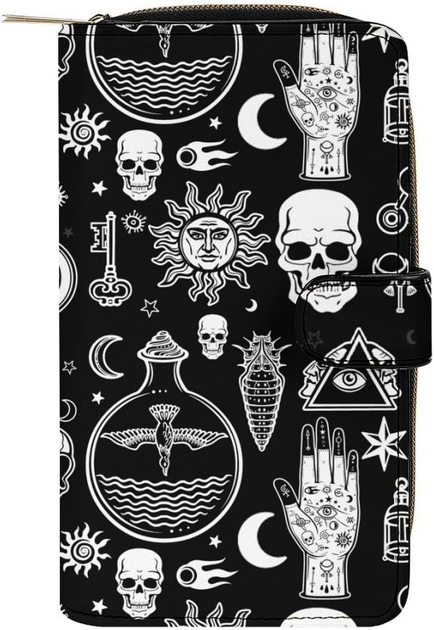 Halloween Goth Gothic Raven Crow Skull Sun Moon Tattoos Portable Leather Multifunctional Wallet