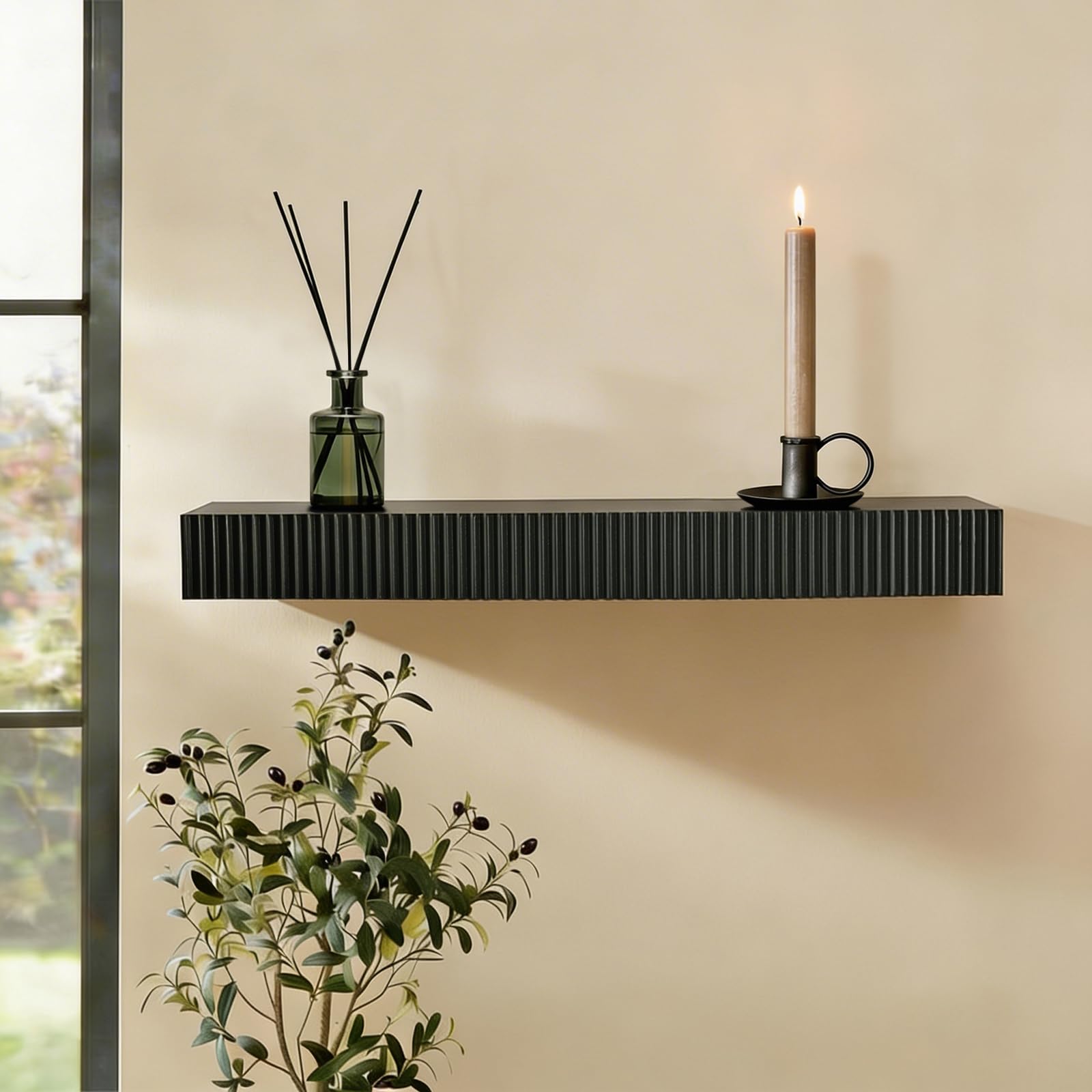 OHS Ribbed Floating Shelf, Mounted Wall Shelf Decorative Shelving Unit for Wall Easy to Install Photo Gallery Bookshelf Floating Shelves for Bedroom Living Room Office Storage, Forest Green