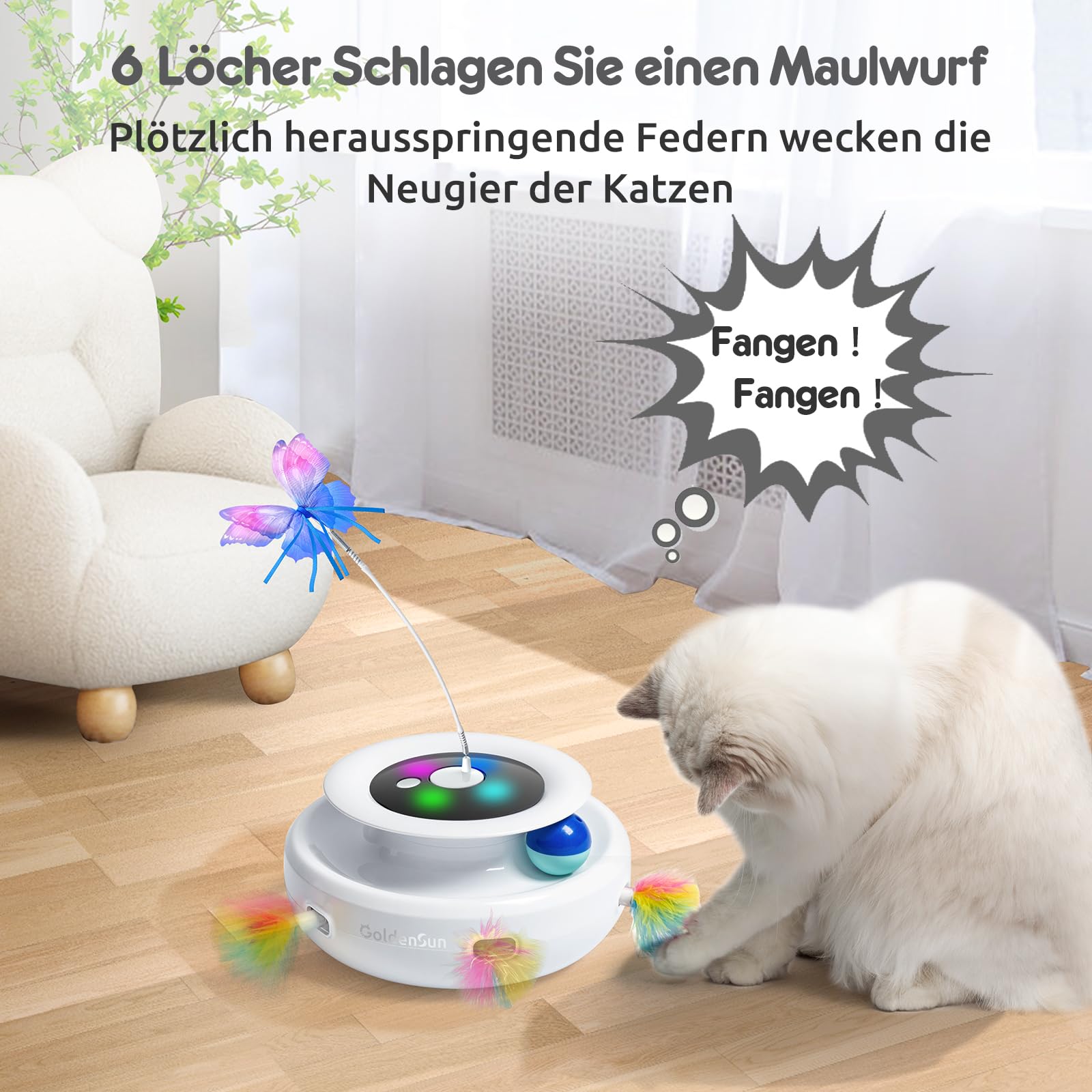 Potaroma Kattenspeelgoed, 3-in-1 automatisch interactief kattenspeelgoed, fladderende vlinder, willekeurig bewegende hinderlaagveer, trackballen, dubbele voedingen, USB-voeding, indoor oefening Potaroma Kattenspeelgoed, 3-in-1 automatisch interactief kattenspeelgoed, fladderende vlinder, willekeurig bewegende hinderlaagveer, trackballen, dubbele voedingen, USB-voeding, indoor oefening