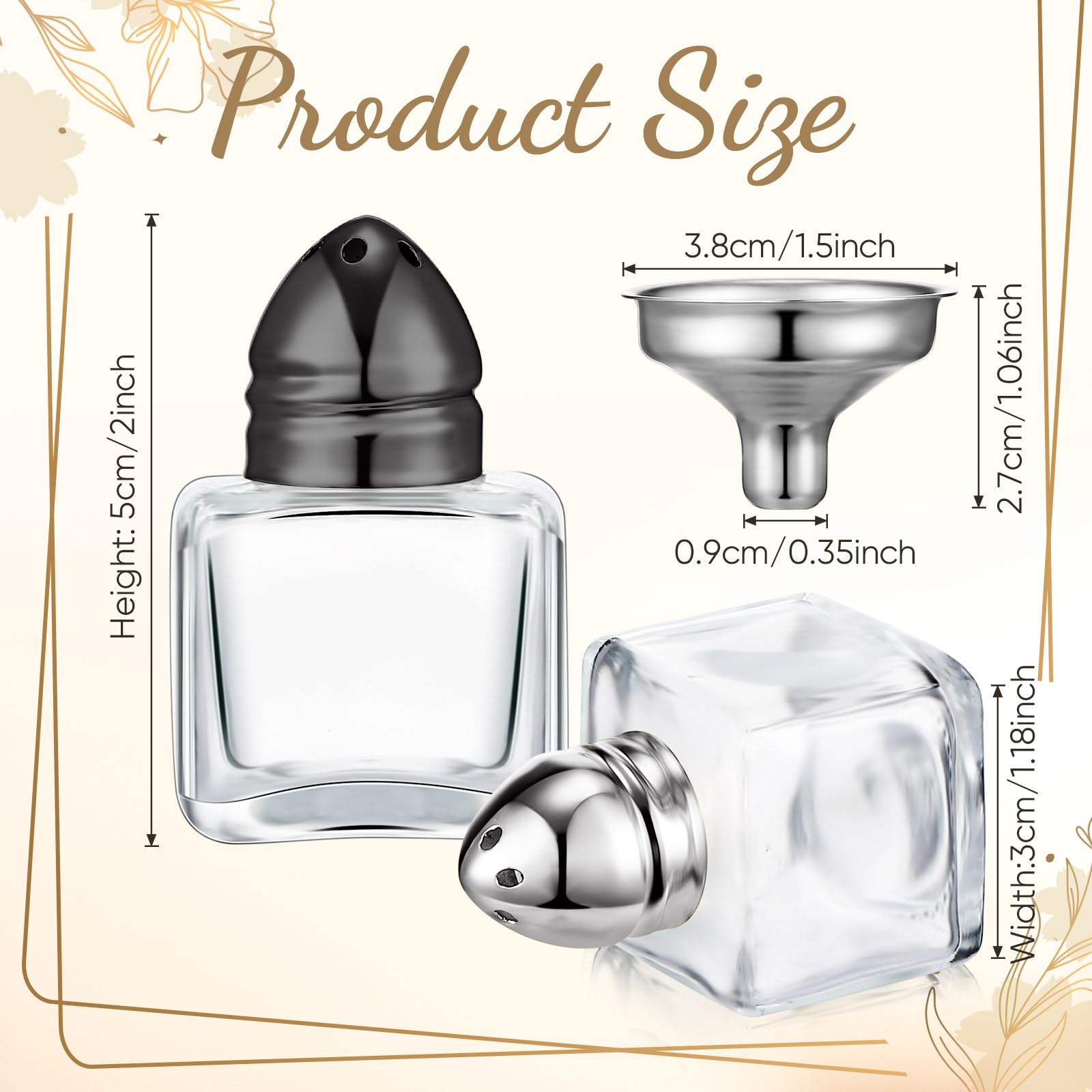 Uiifan 50-Pack Mini Glass Salt & Pepper Shakers With Gold Tops, Tags & Funnels (0.5 Oz, Square)