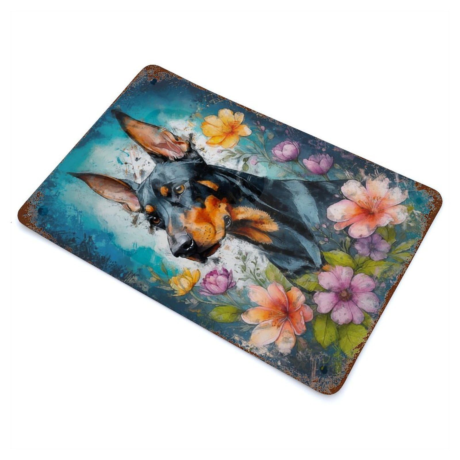 Doberman in Bloom Rust Effect Tin Sign 11.8"x7.9", Rustic Home Decor for Garage, Pub Or Kitchen