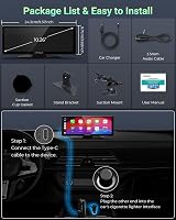 aphqua 10.26" Hordozható Autós Kijelző Apple CarPlay Android Auto GPS Navigáció Bluetooth Érintőképernyő IPS Touchscreen USB AUX FM 7