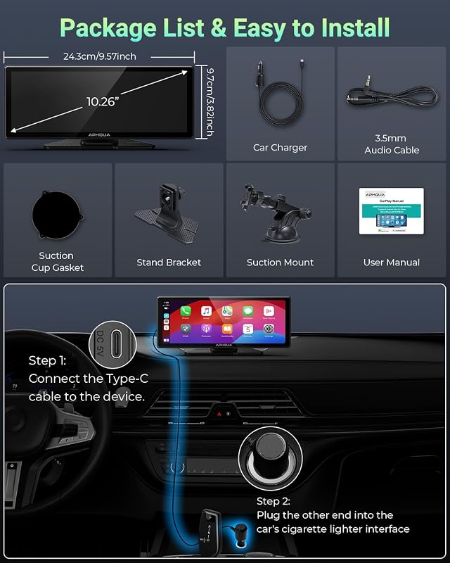 aphqua 10.26" Hordozható Autós Kijelző Apple CarPlay Android Auto GPS Navigáció Bluetooth Érintőképernyő IPS Touchscreen USB AUX FM