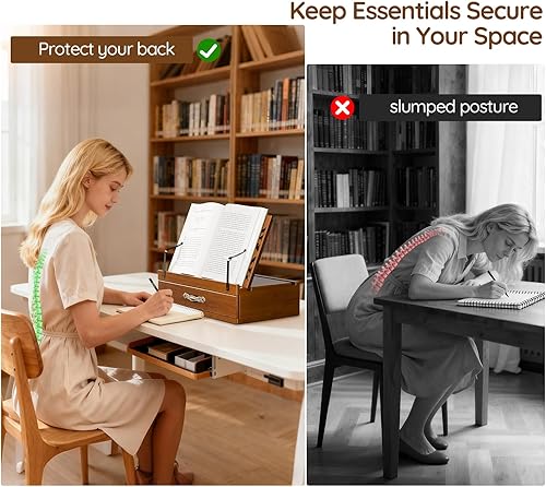 Miniatura 4 de Soporte de madera ajustable para libros con almacenamiento, soporte multifuncional para libros, tabletas y recetas con ranura para tazas, ranura