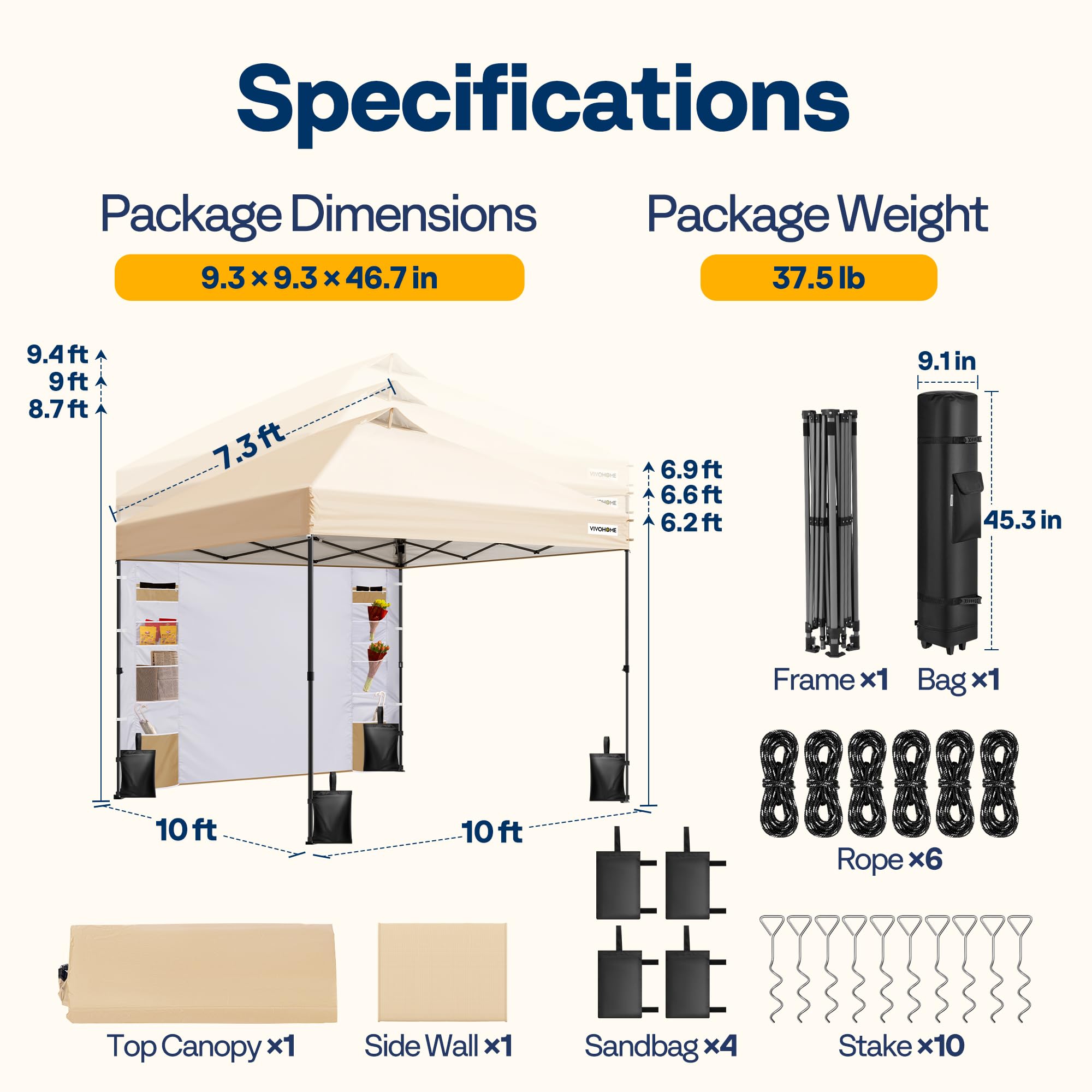 VIVOHOME Carpa Plegable 3x3m Cenador de Jardín con Pared Lateral Altura Ajustable Impermeable Anti-UV Gazebo con Ventilación para Playa 4 Bolsas de Arena con Ruedas para 8-10 Personas