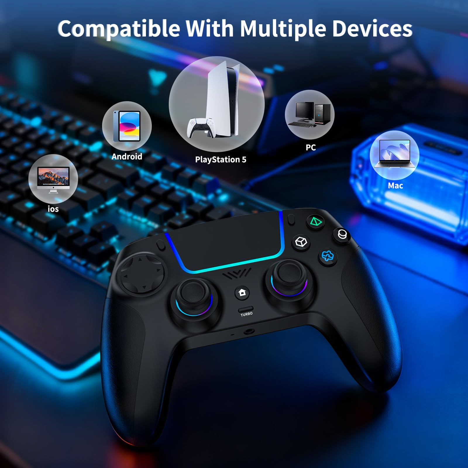 JORREP Manette sans fil pour PS5/Pro/Steam Deck/PC/MAC/iOS/Android10, manette de jeu avec éclairage RVB/double vibration/turbo/programmable/connexion casque/gyroscope 6 axes/batterie 1500 mAh