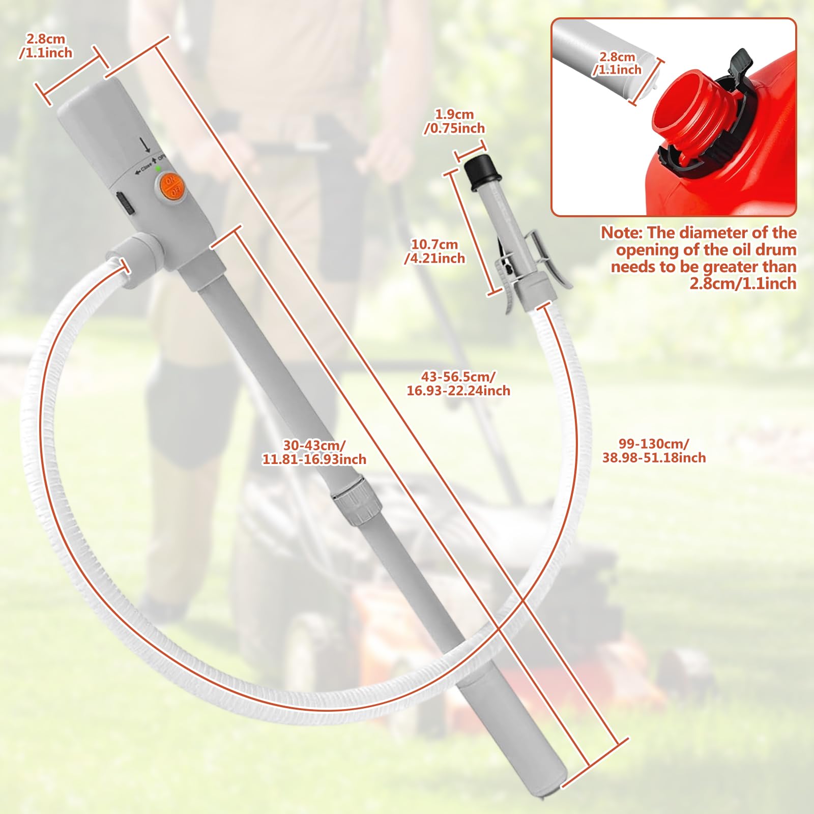 Benzinpumpe für Kanister 2.8GPM, Elektrische Transferpumpe Dieselpumpe Kraftstoffpumpe Akku mit Auto-Stopp-Sensor, Doppelte Stromversorgung (USB-C/AA), Dieselpumpe 30-43cm, 130cm Flexible Hose