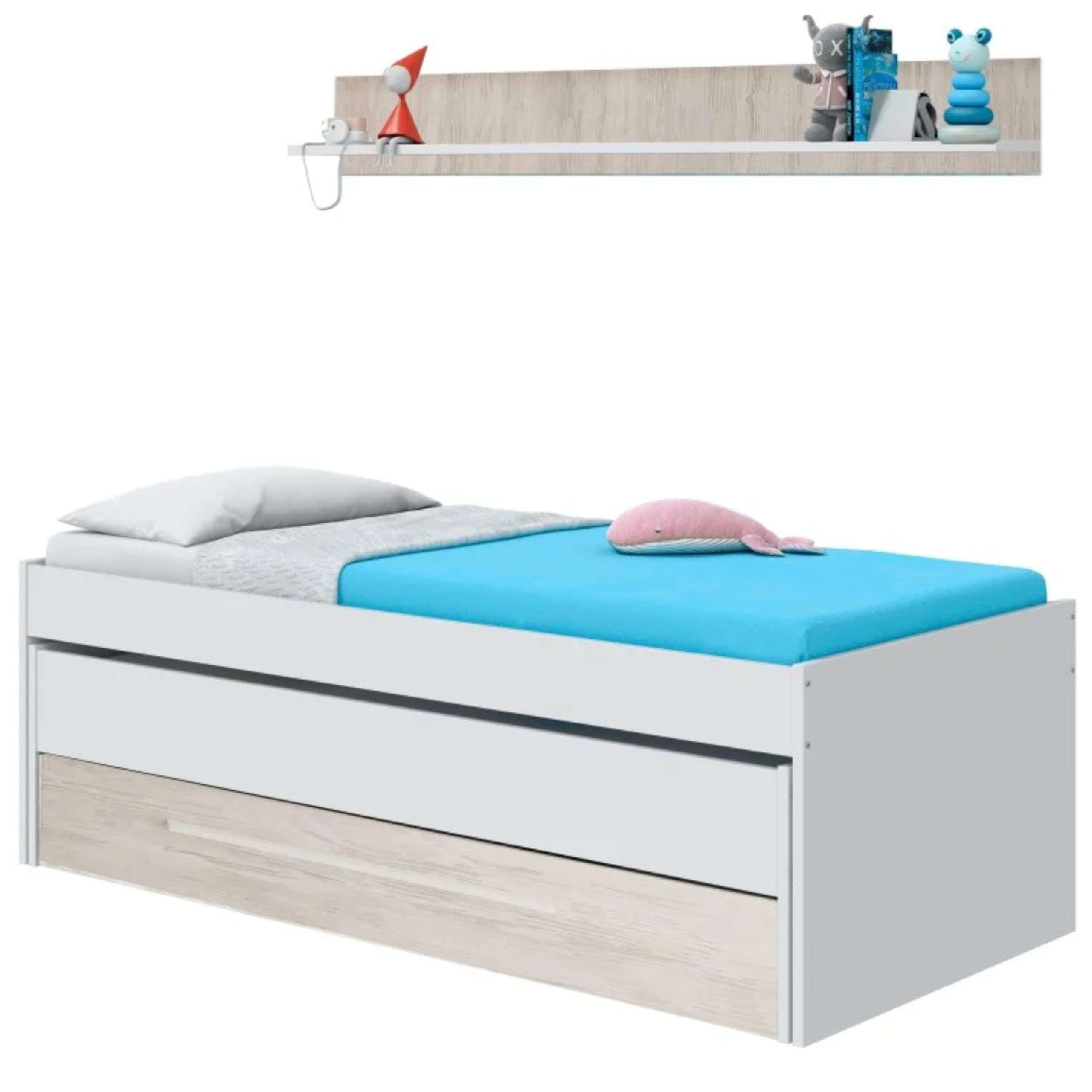 Dmora - Letto per bambini Sunnyvale, Struttura letto per cameretta, Letto singolo con lettino estraibile, cassettone e mensola, 199x96h65 cm, Bianco