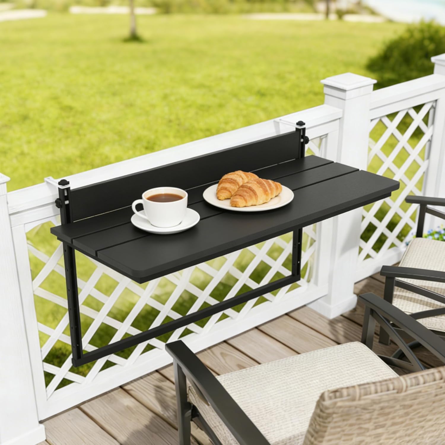 Sundale Outdoor 32" Large Folding Balcony Table for Railing, Patio HDPE Bar Adjustable Hanging Table for Baluster Garden Deck, Black