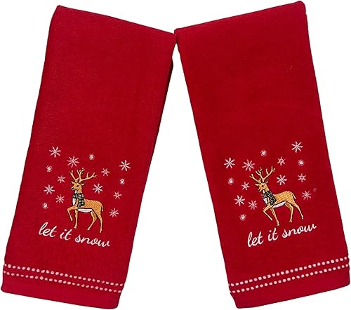 Miniatura 5 de Serafina Home Toallas de mano para invitados de Navidad navideñas Toallas de felpa rojas con renos Let It Snow Bordado