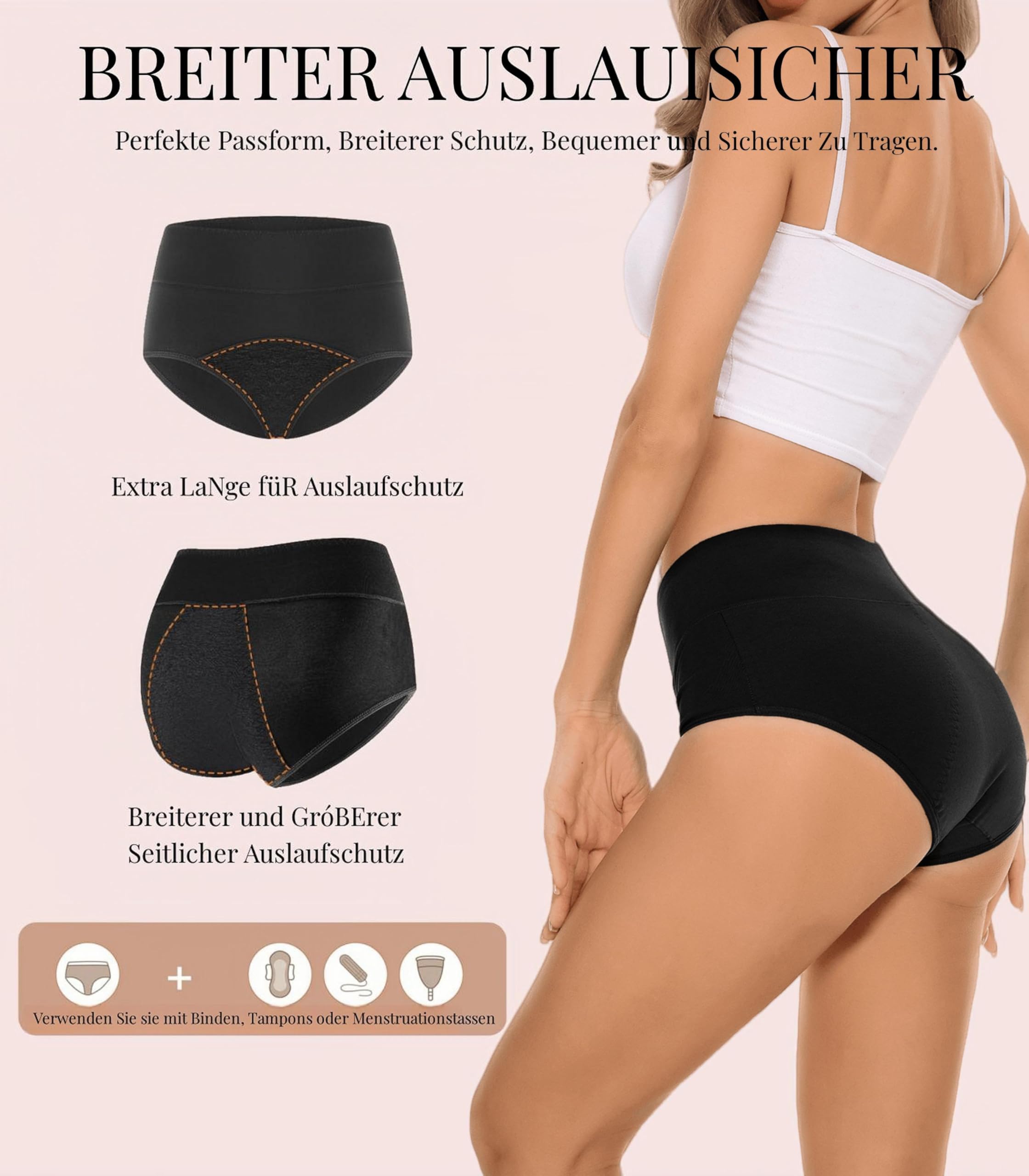 SUUFOR Mutande Mestruali Donna 60ML, Mutanda Mestruale ad Alta Assorbenza, Cotone Vita Alta Slip Mestruali Donna (3 Pezzi)