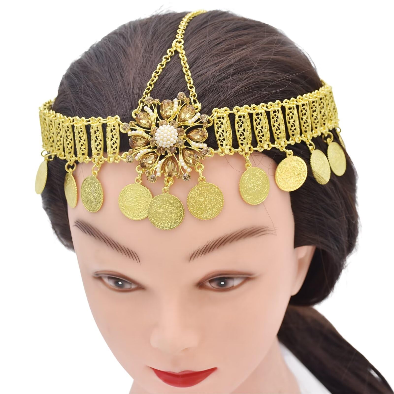 RUNRAYAY Boho Head Chain Jewelry Gold 1920s Retro Flower Rhinestone Headpiece with Coin