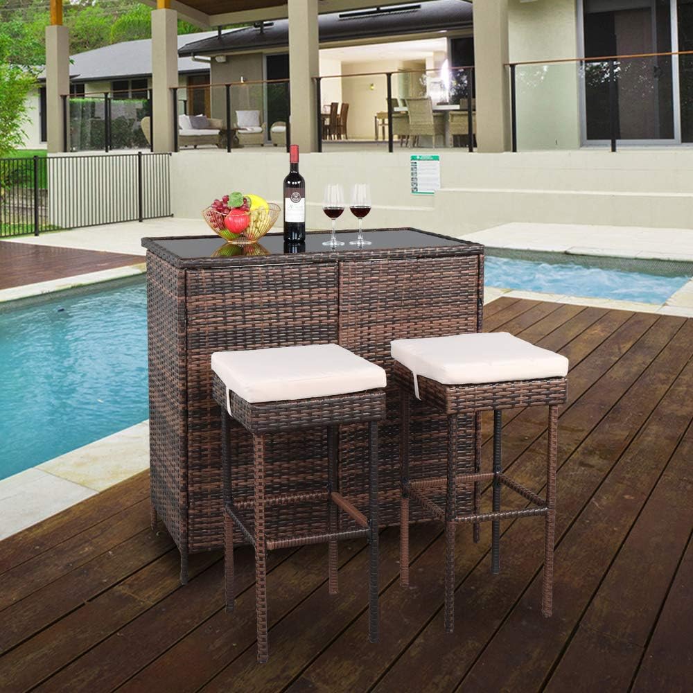 3 Piece Patio Bar Set, Outdoor Rattan Bar Table and 2 Stools with Tempered Glass Tabletop, 2-Tier Storage, Removable Cushions, Outside Wicker Conversation Set