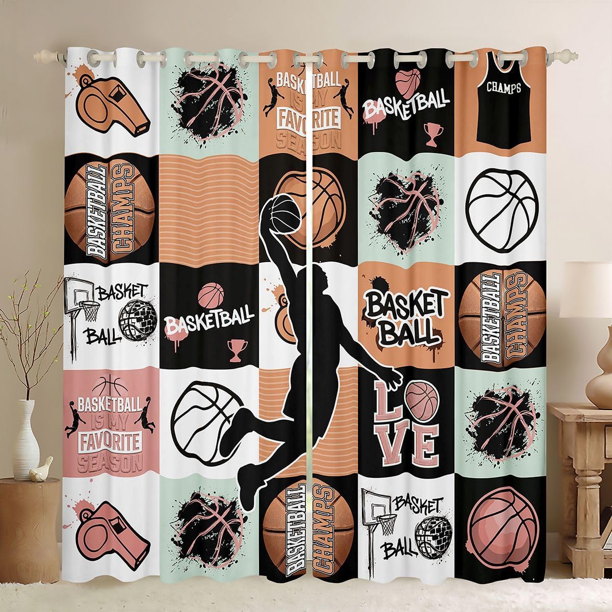 Feelyou Basketball Blackout Curtains Basketball Gaming Darkening Drapes for Bedroom Living Room Decor Gift for Basketball Lover Thermal Insulated Shades Window Treatments, 2 Panels 38 x 45 Inch