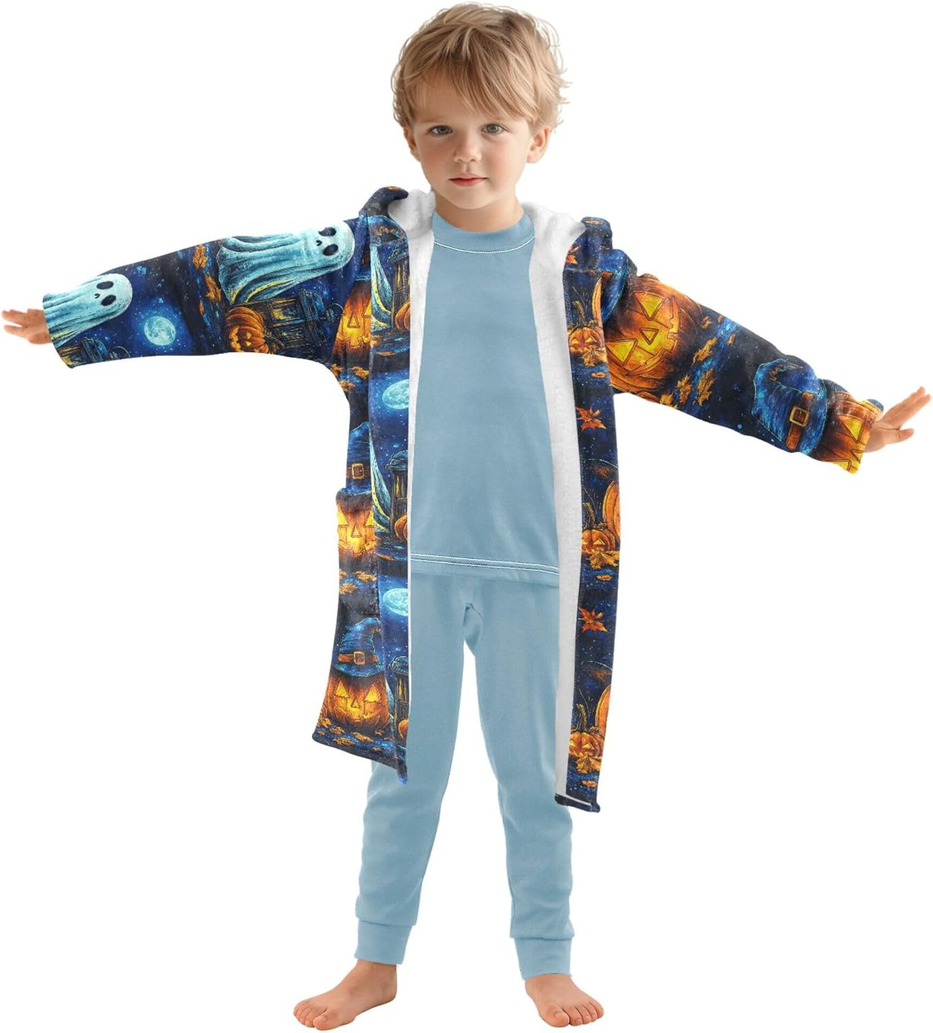 Night Ghosts Pumpkin Halloween Bathrobe Hooded PJ Robe Plush Fleece Robe Pajama Sleepwear 2-12 Years