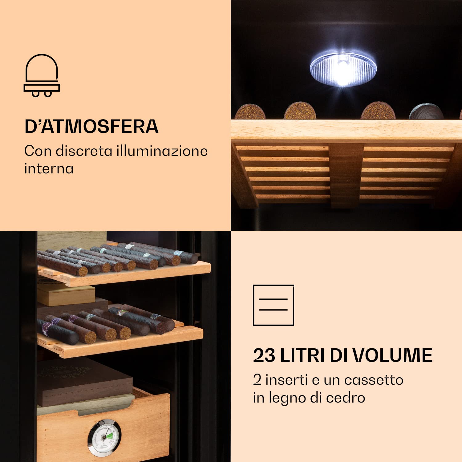 Klarstein El Presidente Umidificatore per Sigari - Armadio Humidor Termoelettrico con Porta in Vetro, Ripiani in Legno di Cedro, Igrometro, Luce LED Interna, 23 Litri, Nero