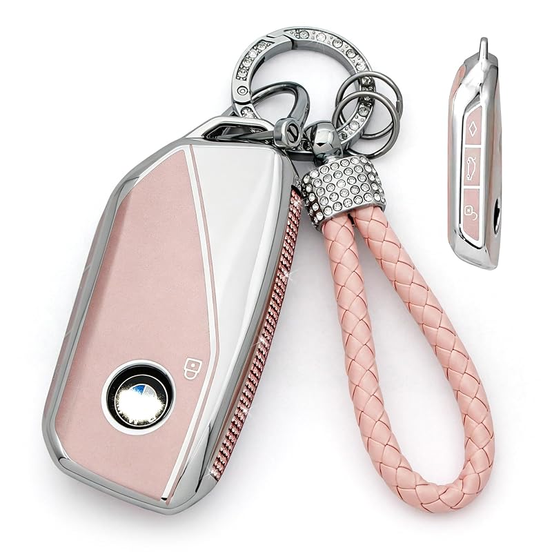 Capa para chave BMW em TPU com chaveiro e detalhes brilhantes, rosa-claro, Type C, conjunto com 2 peças