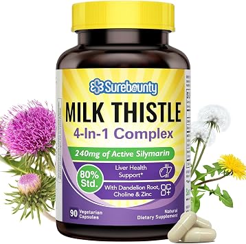 4-in-1 Milk Thistle Complex for Men & Women, Milk Thistle Extract with 240mg of Active Silymarin, 80% Std, with Dandelion, Choline, Zinc, Liver Detox & Repair, Non-GMO, Once Daily, 90 Veggie Caps