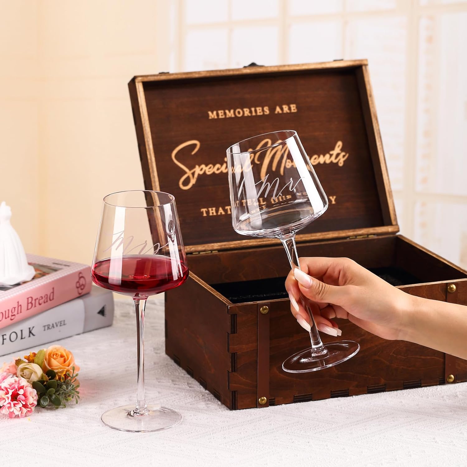 Mr & Mrs Wine Glasses Gift Set with VINTAGE Memory Box – Engagement, Wedding & Newlywed Gifts for Couples, Just Engaged Gifts for Women, Valentine's Day Gift for Couple - Image 3