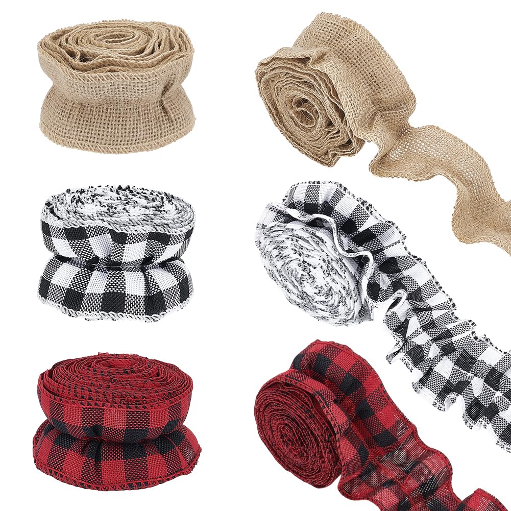 AHANDMAKER 6 rotoli di nastro in tela impalcato, 3 stili, nastro per albero di Natale, 2 (6) cm di larghezza, rosso e nero, a quadri, per albero di Natale, confezioni regalo, decorazione fai da te