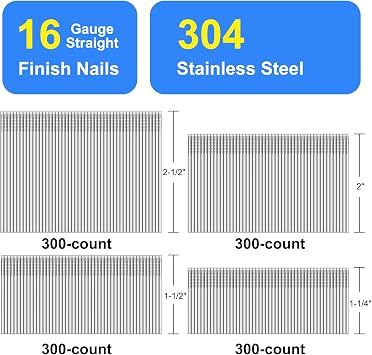 16 Gauge Finish Nails 304 Stainless Steel 1 to 2-1/2,1200-Pack