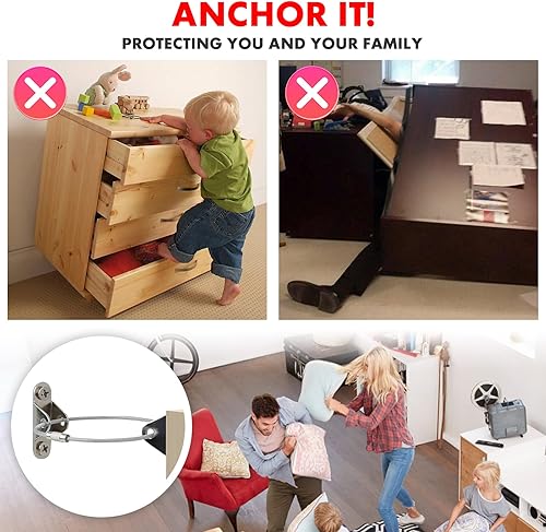Miniatura 2 de Anclajes para muebles a prueba de bebés, paquete de 10 correas de anclaje de pared antipuntas, de metal, seguro de 400 libras, protege a los niños y