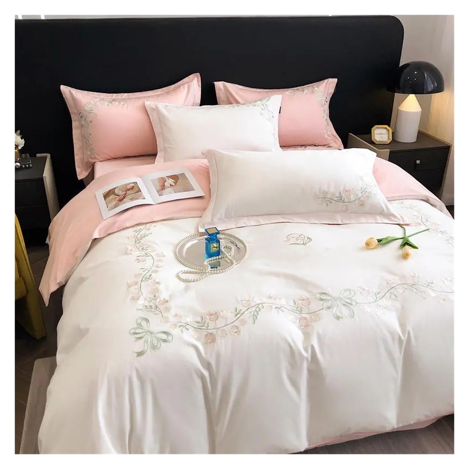 Housse de couette en sergé pur coton brodée fleurs literie de qualité King
