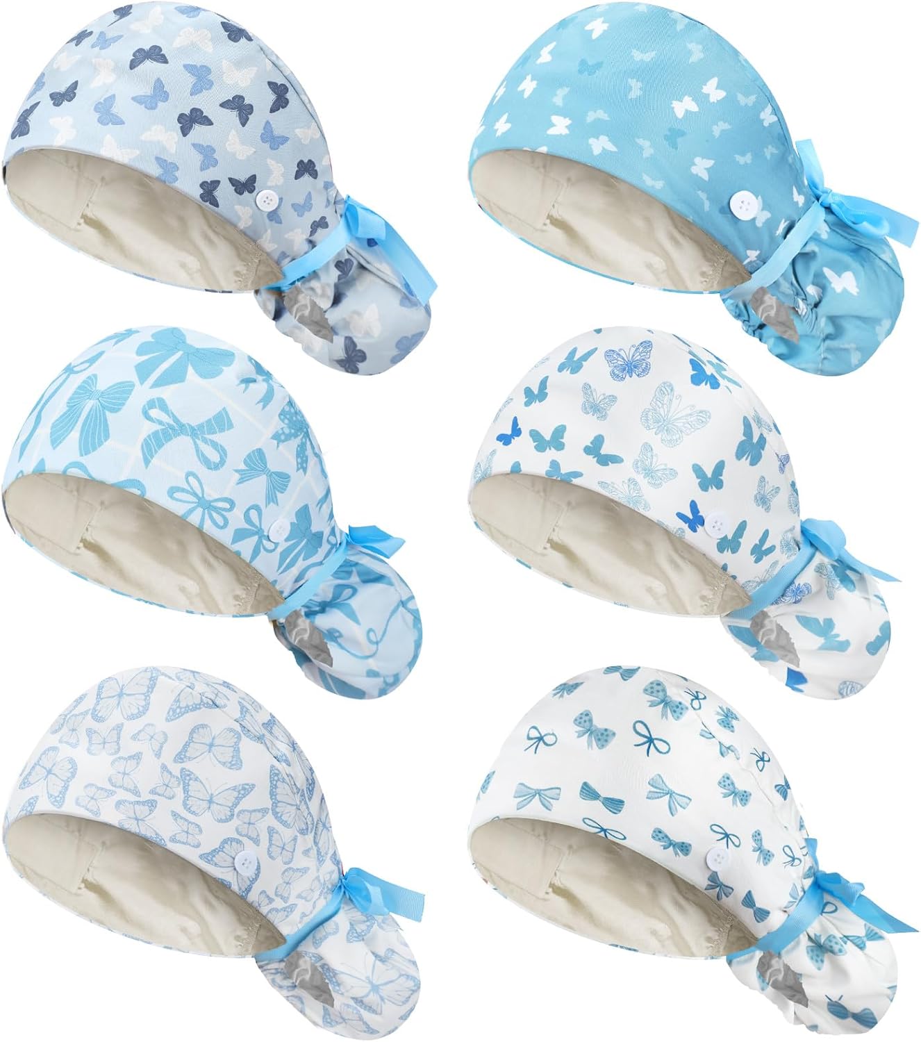 6 Pcs Satin Lined Working Hat Scrub Caps Adjustable Tie Back Bouffant Hats with Button Sweatband for Doctor Nurse