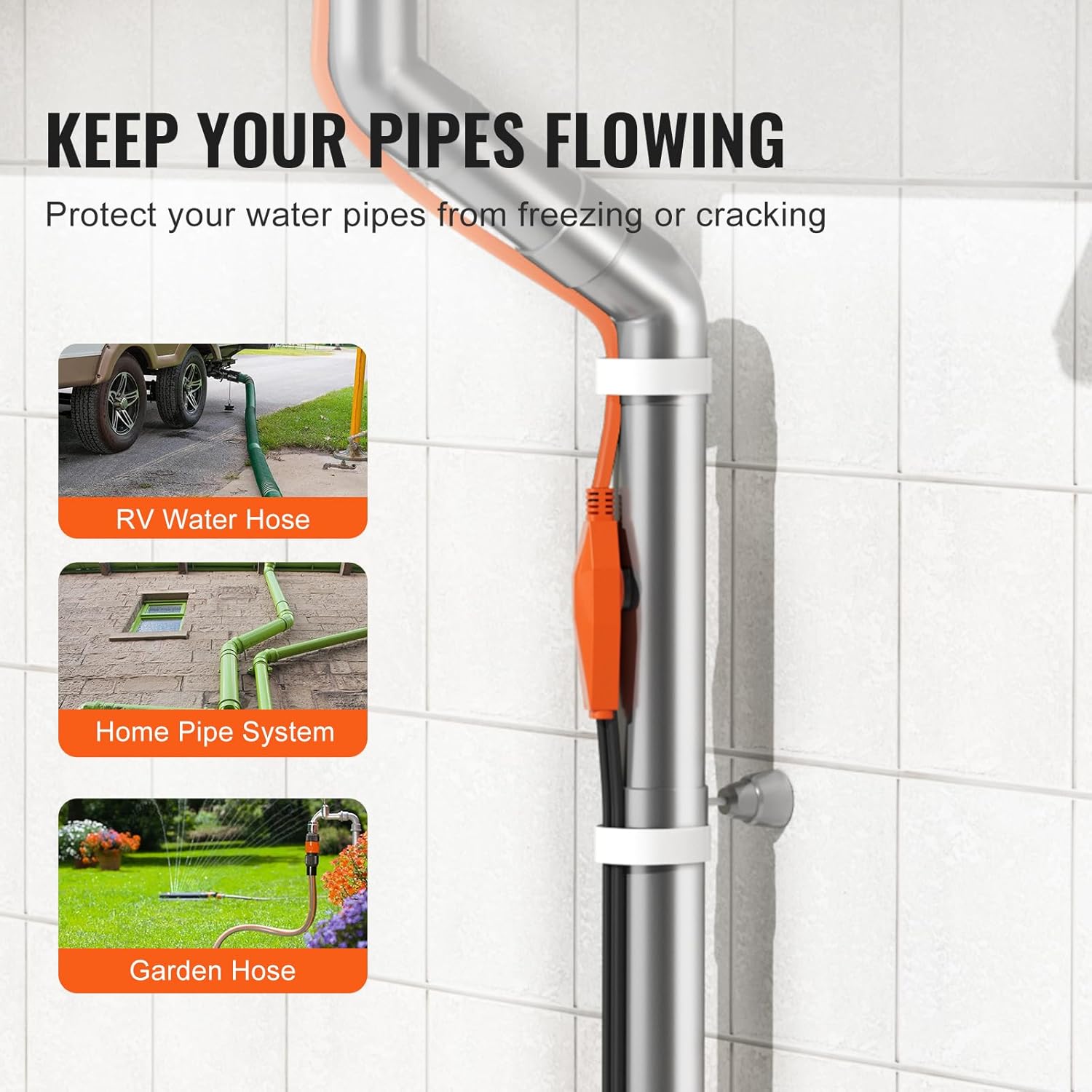 VEVOR Pipe Heating Cable, 80FT 7W/FT Heat Tape for Pipes with Built-in Thermostat, Water Pipe Heat Cable Protects PVC Hose, Metal and Plastic Pipe from Freezing