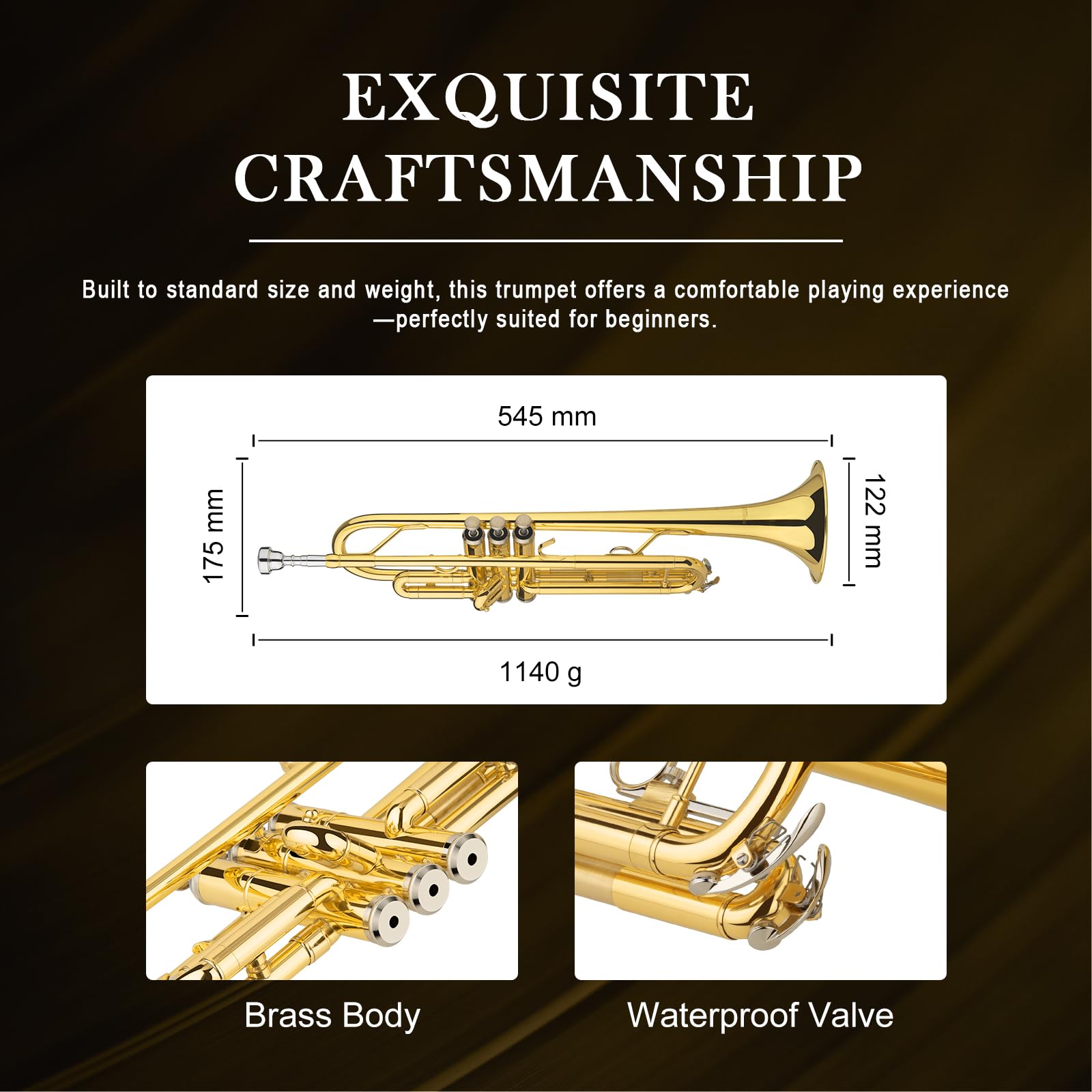 SONICAKE Trompette Bb Standard pour Débutants, Trompette Étudiante en Laiton Doré avec Étui Rigide, Embouchure 7C, Gants QTP-01