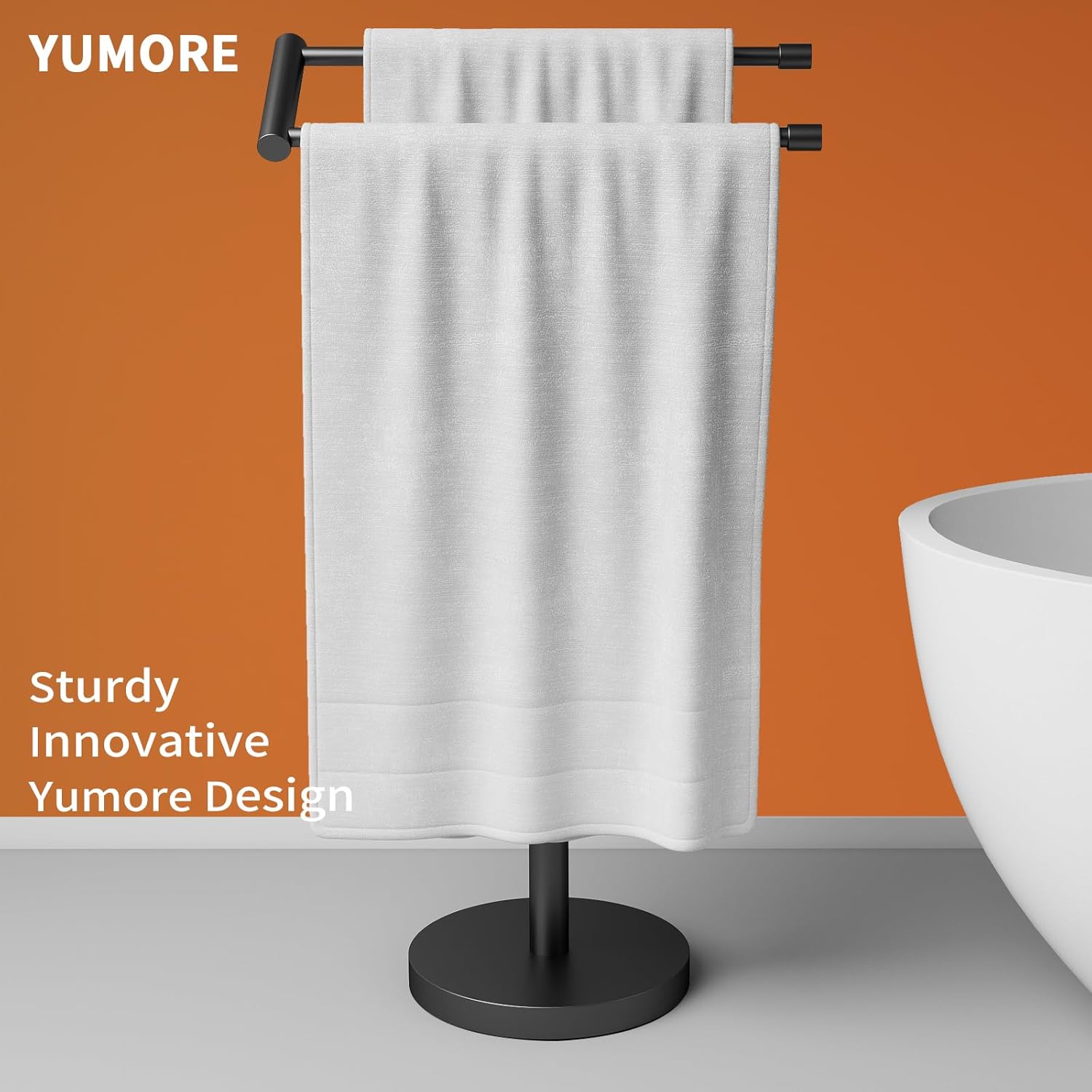 YUMORE Standing Towel Rack T Shape Tall Bath Towel Holder, Modern Towel Drying Holder Stand Floor Towel Rack Stand with Heavy Base, Upgrade Steady Design for Bathroom, Swimming Pool, Matte Black