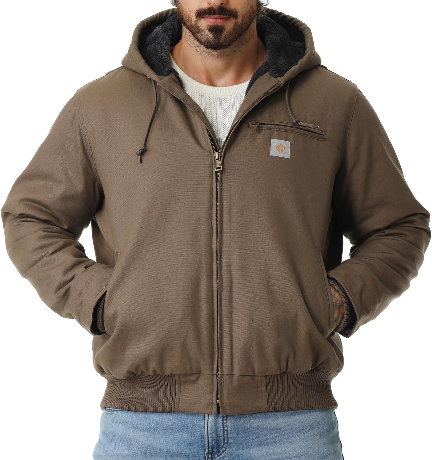 TUAOVA Men's Work Coat Washed Duck Fleece Lined Waterproof Workwear Fit Relaxed Winter Hooded Active Jacket