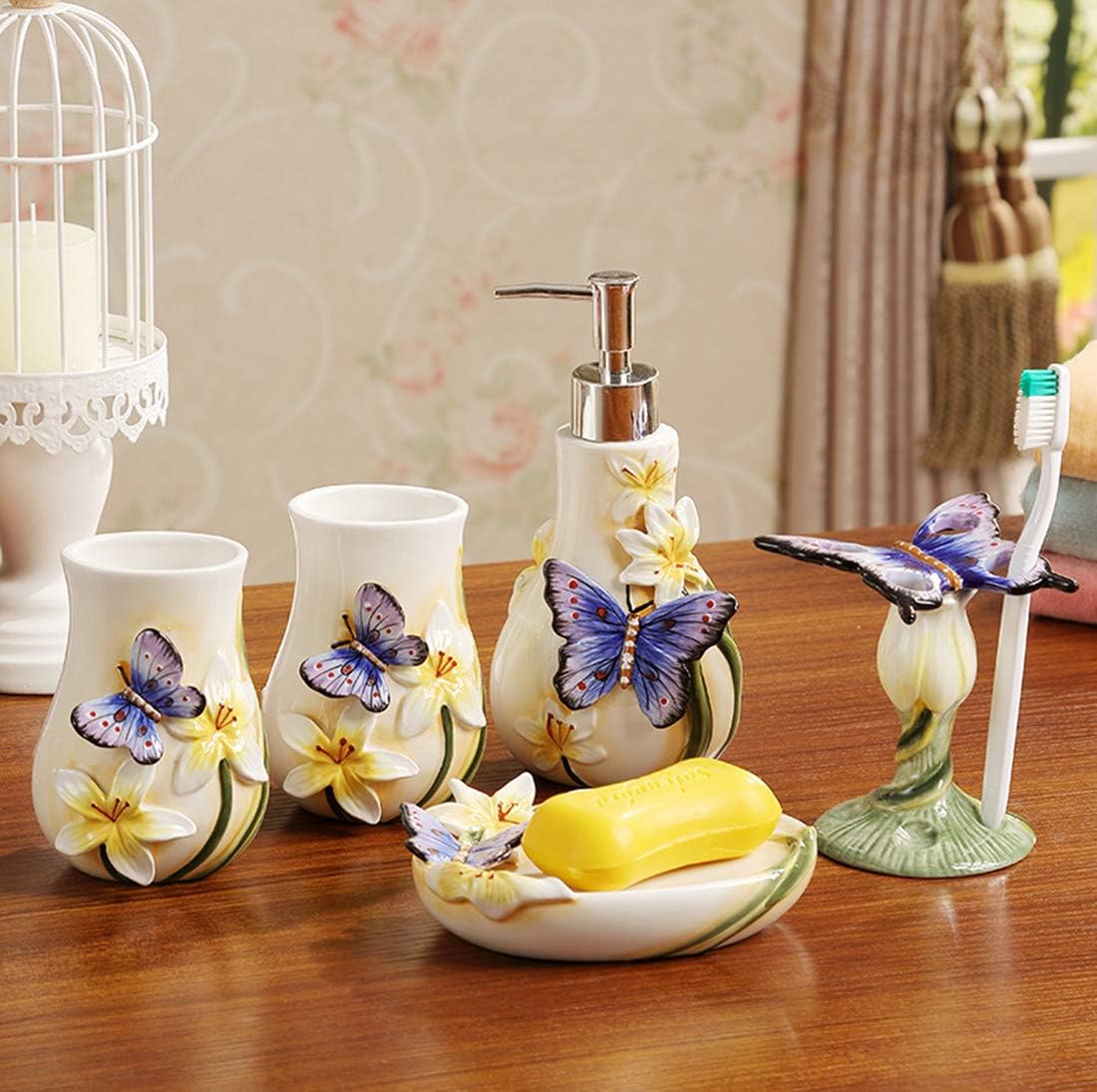 Ceramic Bathroom Accessory Set Dancing Butterfly Ceramic 5 Pieces Set,Including Toothbrush Holders,2 Gargle Tooth-Brushing Cups,Soap Dishes,Soap & Lotion Dispenser