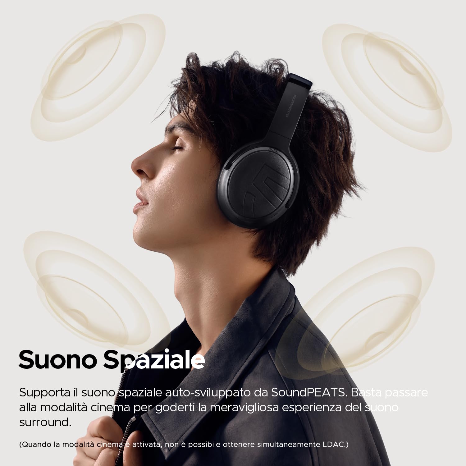 SoundPEATS Space Pro Cuffie Bluetooth 5.4 Over-Ear, Cancellazione Attiva del Rumore Ibrida, 151 Ore di Autonomia, LDAC Hi-Res Audio, Comode Regolabili, 282g, per Smart Working e Viaggi, Nero