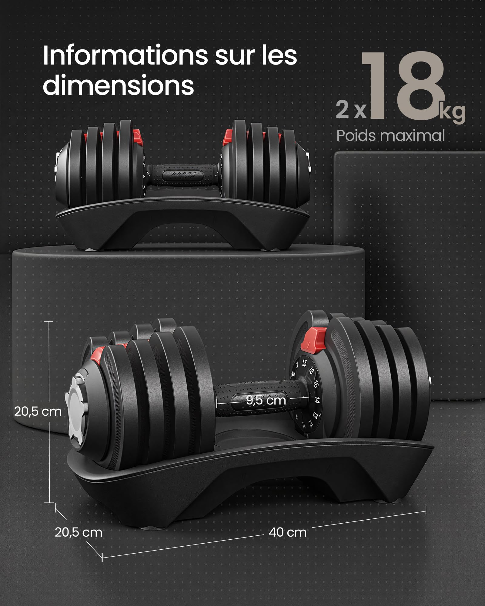 SONGMICS Lot de 2 Haltères Réglables 12 en 1, Gain de Place, Poignée Antidérapante, Plateaux de Rangement, Fitness et Musculation à domicile