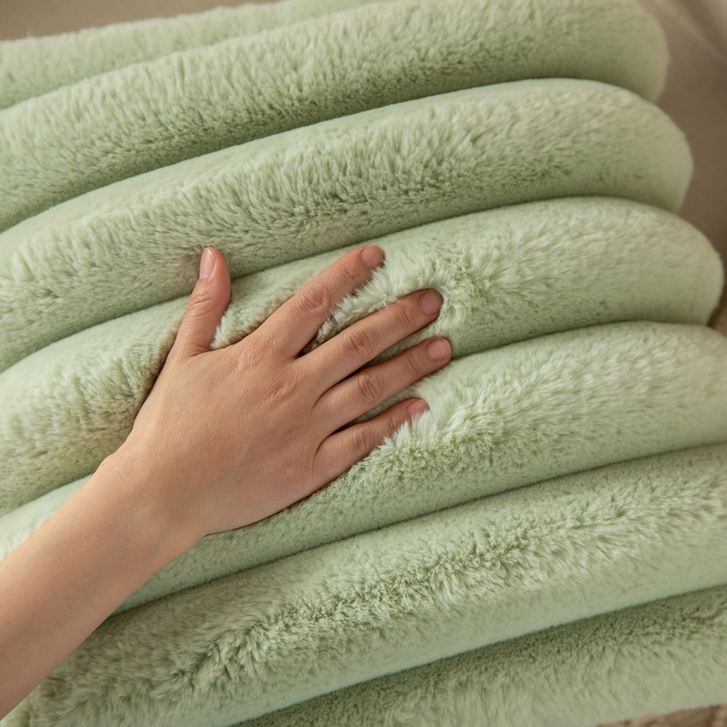 Yaertun Sage Green Striped Decorative Throw Pillow Covers 18x18 Inch Set of 2 Plush Soft Pillowcase with Velvet Back Faux Rabbit Fur Cushion Covers Sofa Couch Bed Livingroom