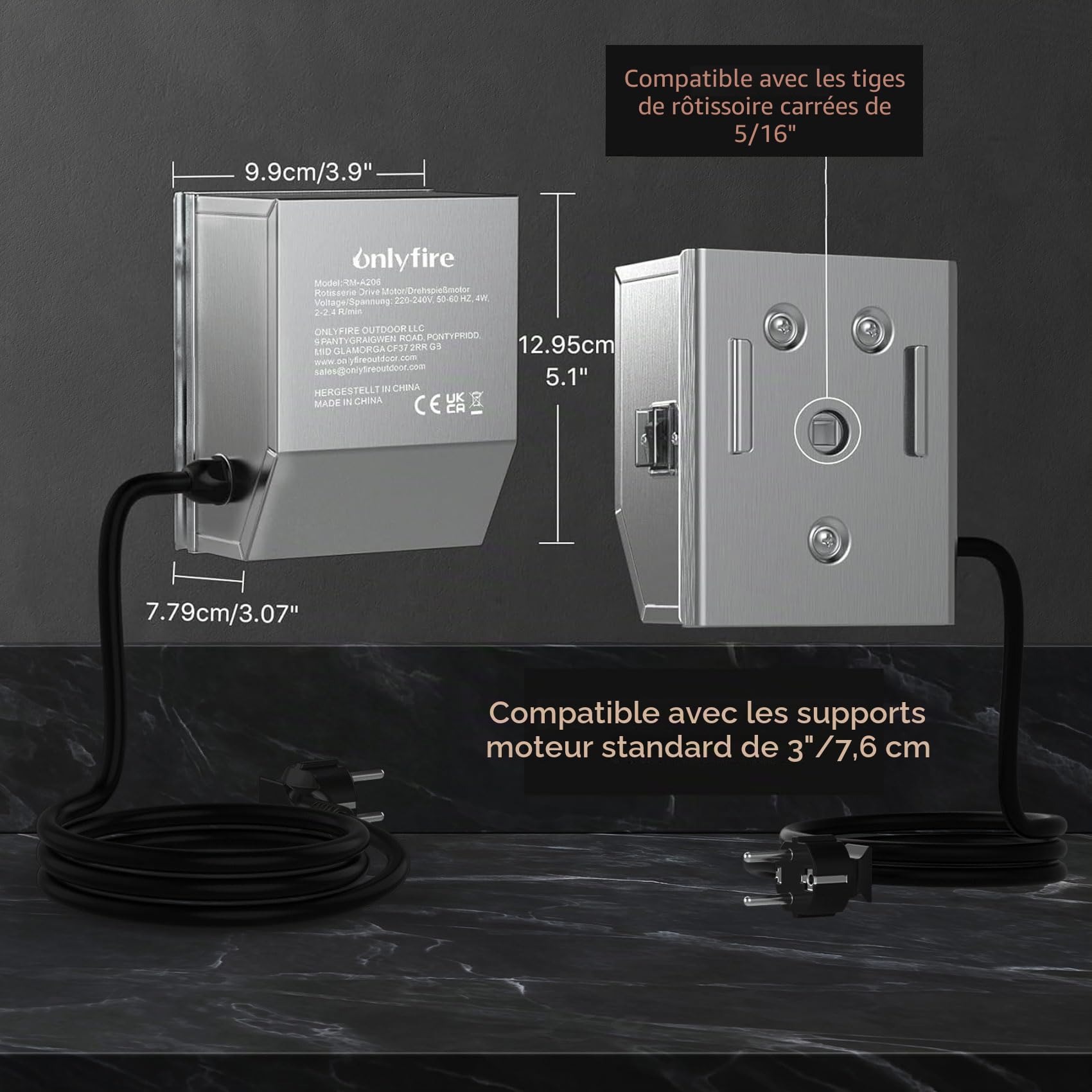 onlyfire 4W Moteur en INOX pour Tourne Broche Électrique de Barbecue | Capacité de Charge de 18 kg, 2-2.4 rpm, 220/230/240 V, 50/60 Hz, Moteur de BBQ pour Rôtissoire et Tournebroche
