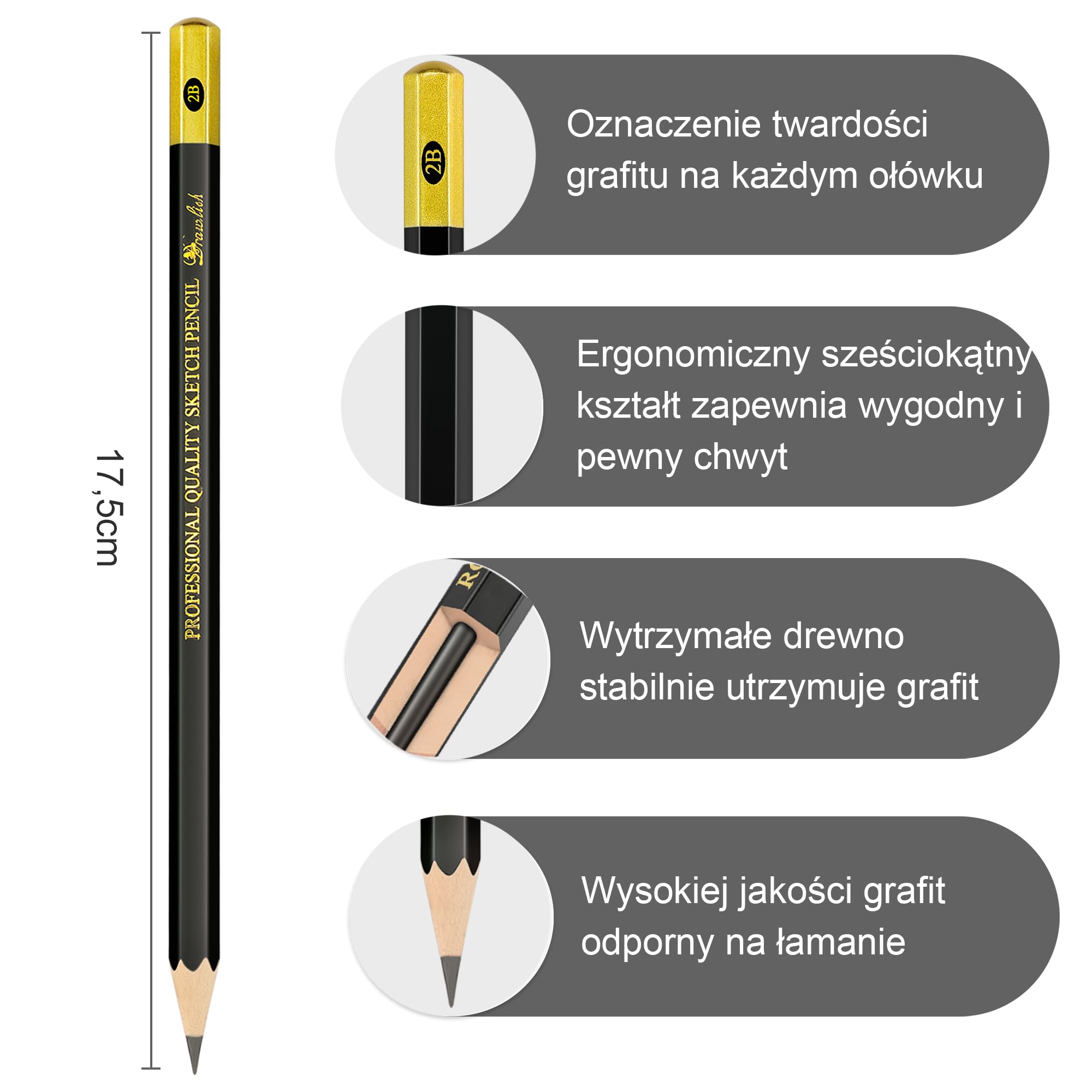 Zestaw 8 kredek do szkicowania, B, 2B, 4B, 6B, 8B, HB, 2H, 4H, ołówki do rysowania z grafitowym ołowiem i drewnem premium są idealne do szkicowania, cieniowania i bazgrołów, dla początkujących i
