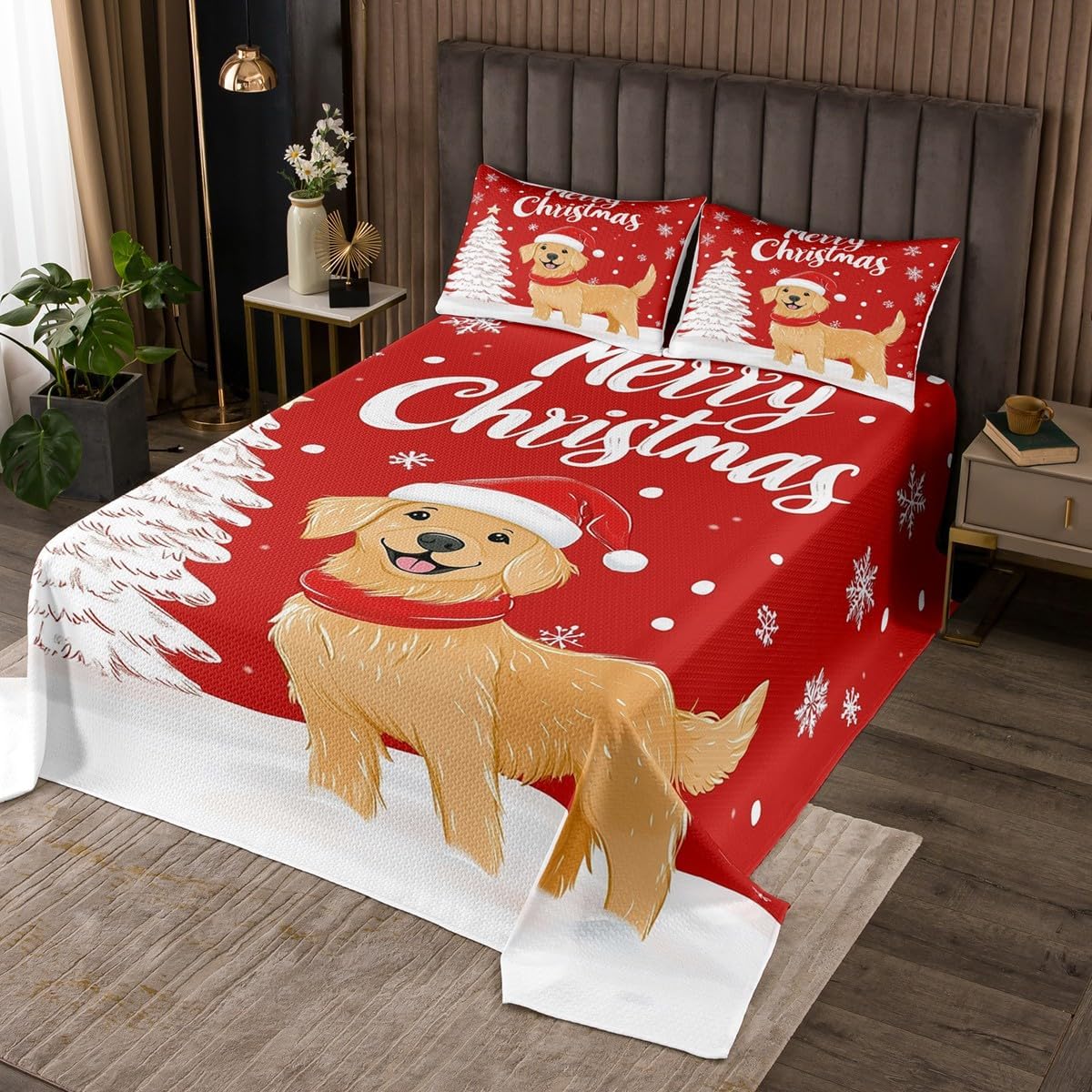 Erosebridal Kids Christmas Dinosaur Bedspread Set Cartoon Xmas Dino Print King Quilt Set for Boys Girls Teen,Cute Animal Santa Hat Coverlet Set Winter Snowflake Stars Plant Bedding Set