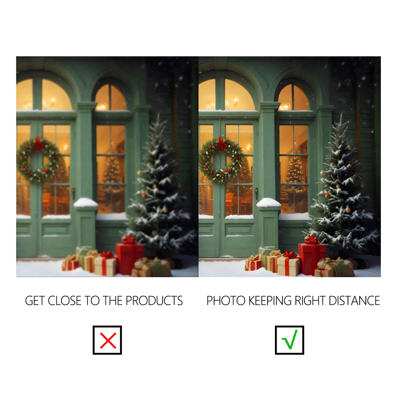 YongFoto 3,5x2,5m Notte di Natale Fondali per la fotografia Regali di Natale di Green House Door Albero di Natale Ghirlanda Festival Sfondo per festa a tema invernale Servizio fotografico Oggetti