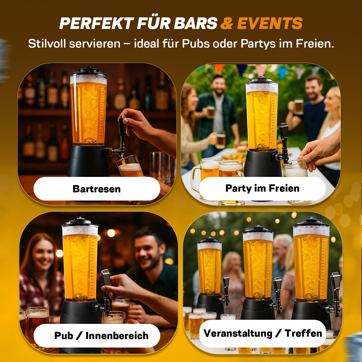 Biertower 4,0 Liter – Kult Biersäule mit LED-Beleuchtung & Eiskühlung – XXL Trinksäule Getränkespender mit Präzisions-Zapfhahn – Robuste Zapfsäule für Party, Grillen & Events – Getränkesäule Schwarz