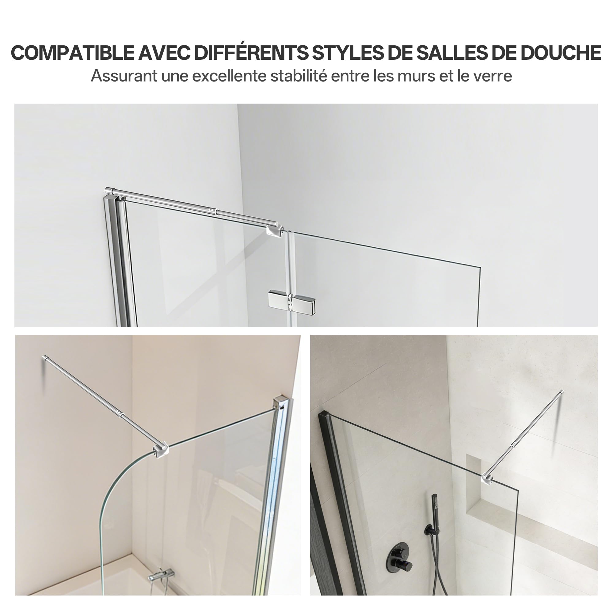 Barre de soutien murale télescopique pour paroi de douche, inox, réglable de 66,5 à 125,8 cm (du mur au bord intérieur du verre), compatible verre 6-10 mm, chromé