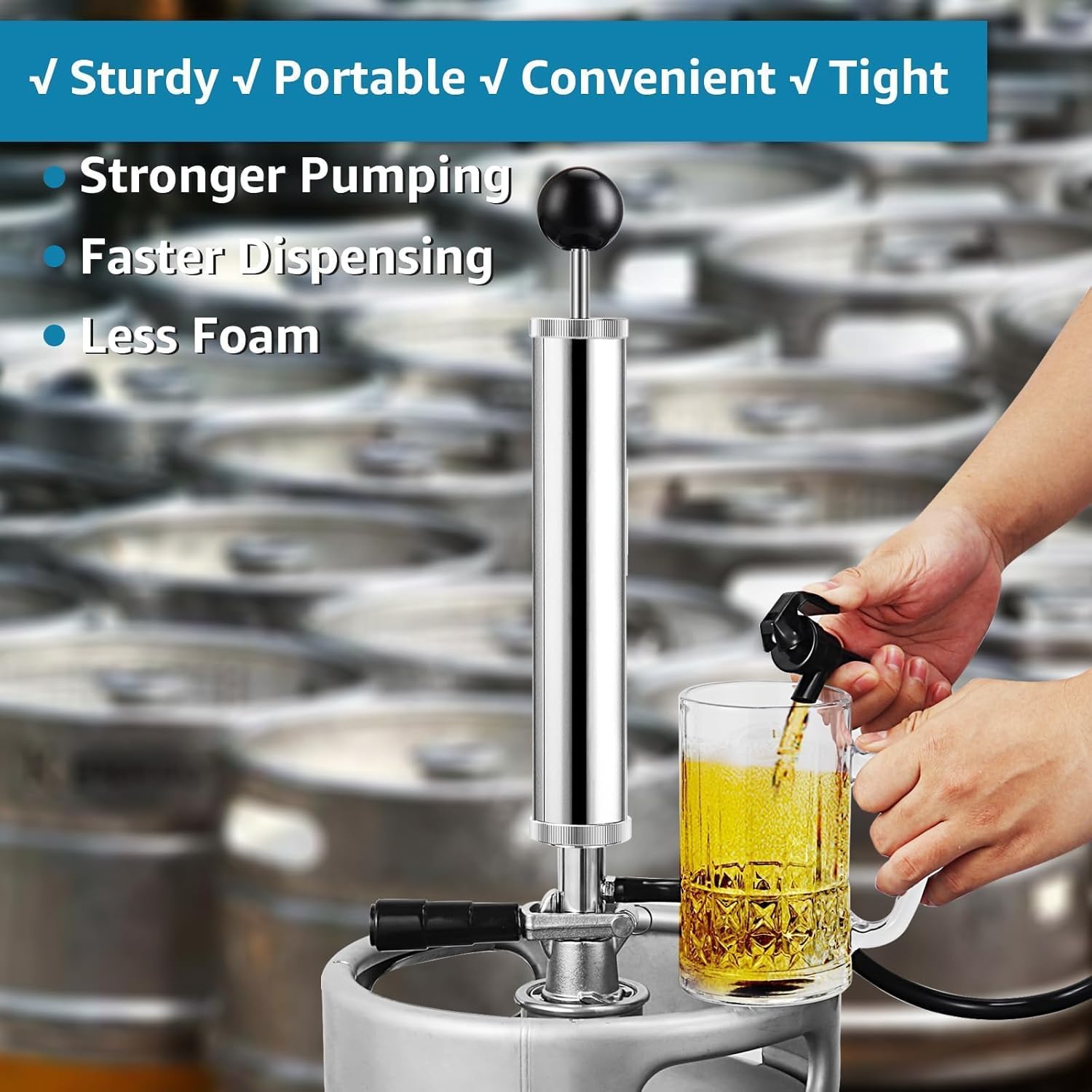 8" Beer Party Pump Keg Tap for US Sankey Keg, American D-System Keg Pump Chrome-Plated Beer Tap Dispenser for Picnic with Beer Line Faucet Parts