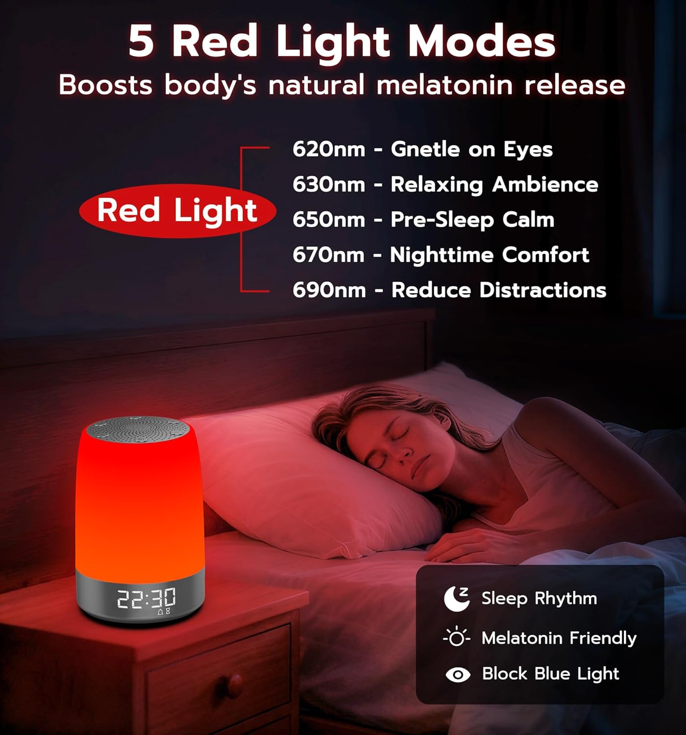 Anweller Smart Red Light Therapy Sleep Device White Noise Sound Machine with 5-Level Red Night Light (620–690nm) 32 White Noise Smart App Control Timer & Wake-Up Alarm Clock