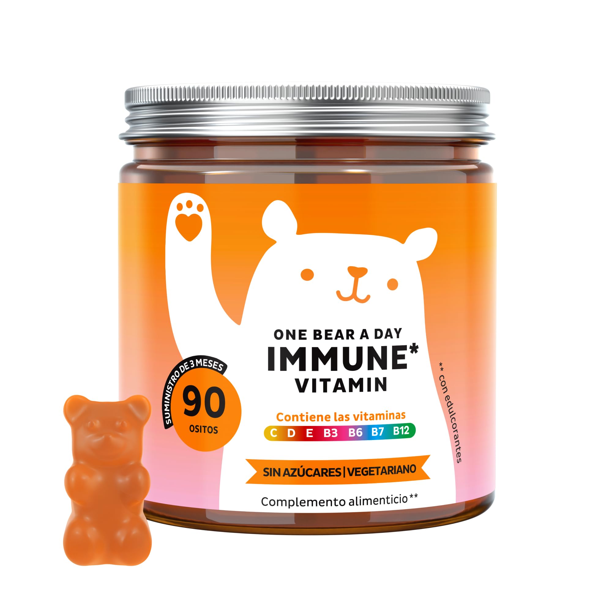 One Bear A Day Immune Vitamin Gominolas – Vitamina D, E, C, Vitamina B6, B12, Niacina, Biotina, Extracto de Própolis – 90 Unidades (3 meses) – Vegetariano, Sin Azúcares, Bears with Benefits